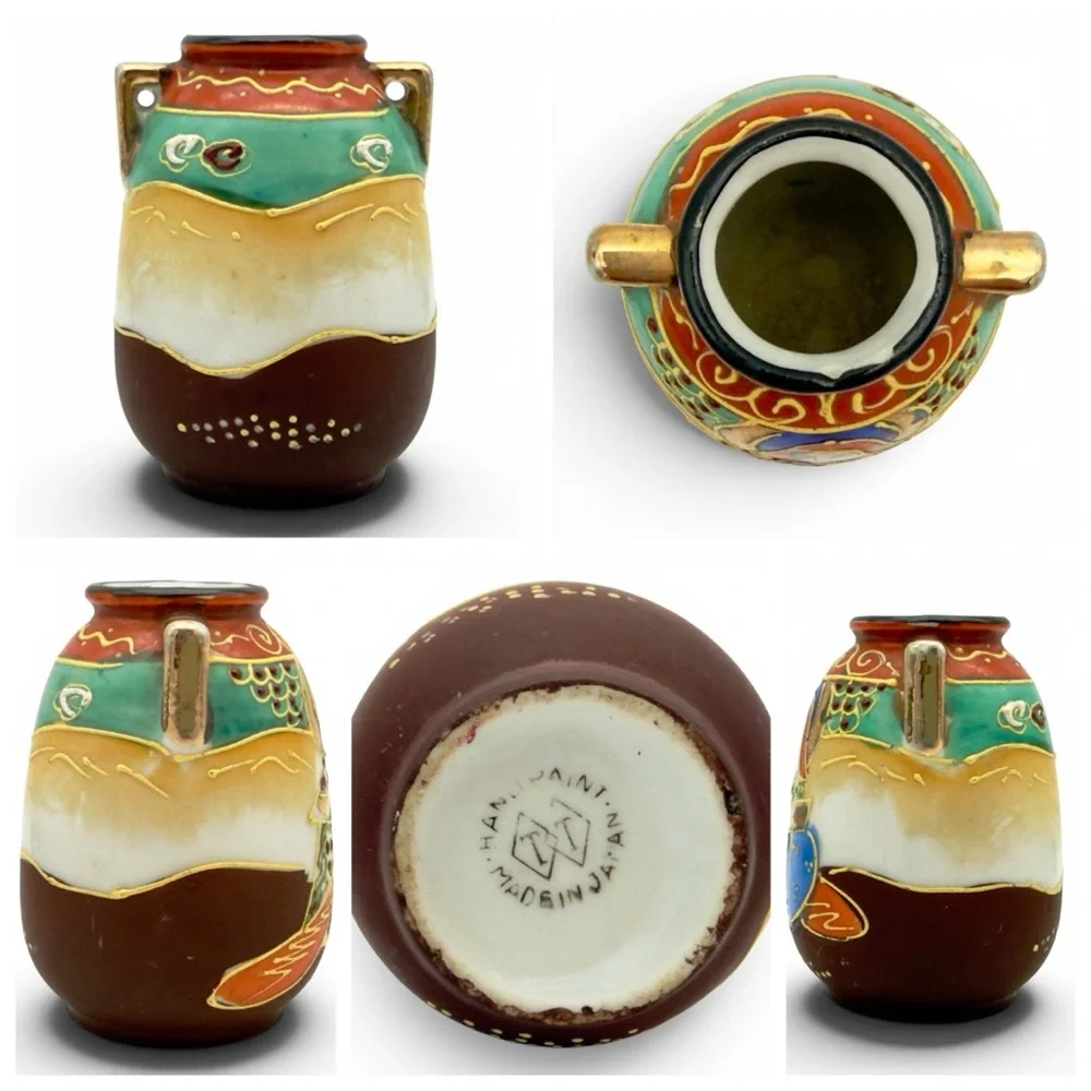 6 Vtg Japanese Satsuma Miniature Vases Lot Takito TT Mark Moriage Geisha Cabinet - Picture 10 of 11